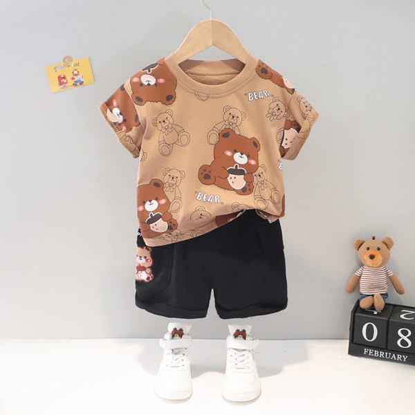 Σετ κοντό παντελονάκι - κοντομάνικη μπλούζα με σχέδιο αρκουδάκι, καφέ - μαύρο
